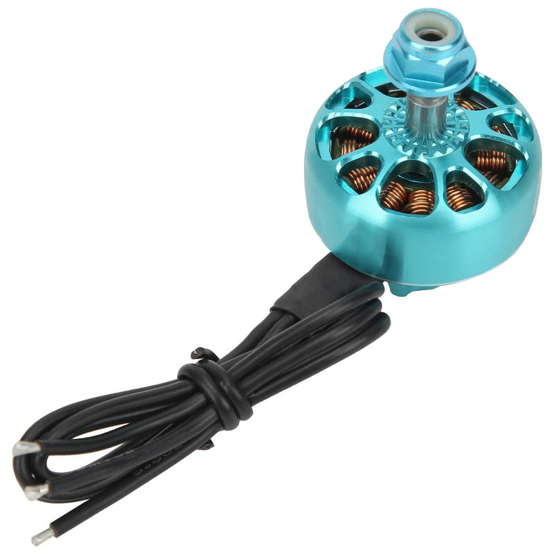 Teal brushless RC motor with mounting ring and black power leads