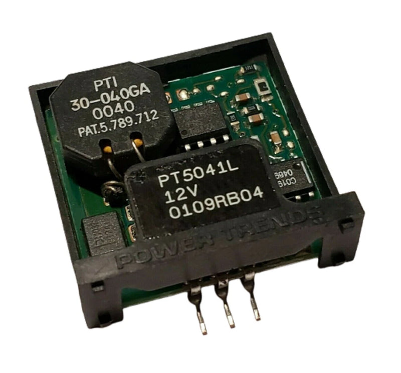 DC-DC boost converter module with green PCB and black 6-pin header