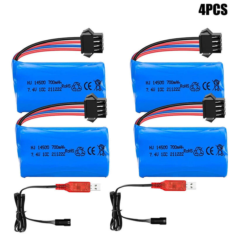 4pcs 7.4V 700mAh Li-ion Battery SM-4P Plug w/USB Charger for RC Car Boat Truck