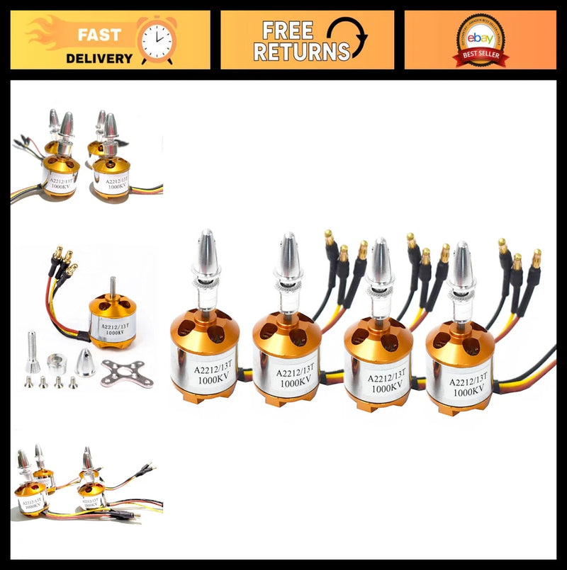 Set of four gold brushless outrunner RC drone motors with wiring and mounting hardware