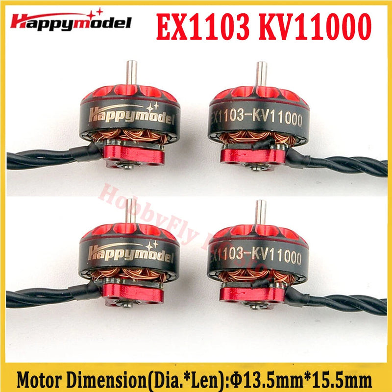 HappyModel brushless FPV motor, red PCB, silver shaft, four-angle view