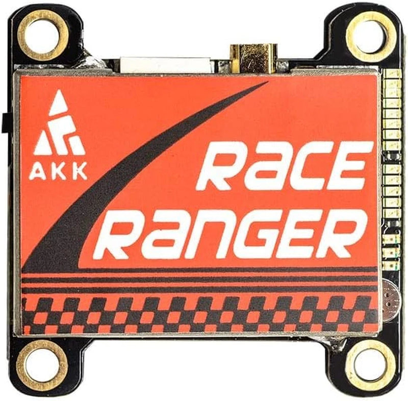 FPV video transmitter circuit board with orange Race Ranger label and connector pads