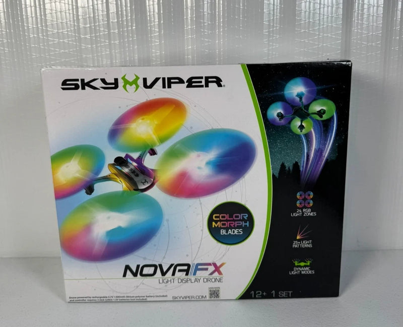 RC light display drone toy box with multicolor propellers and NOVAFX branding