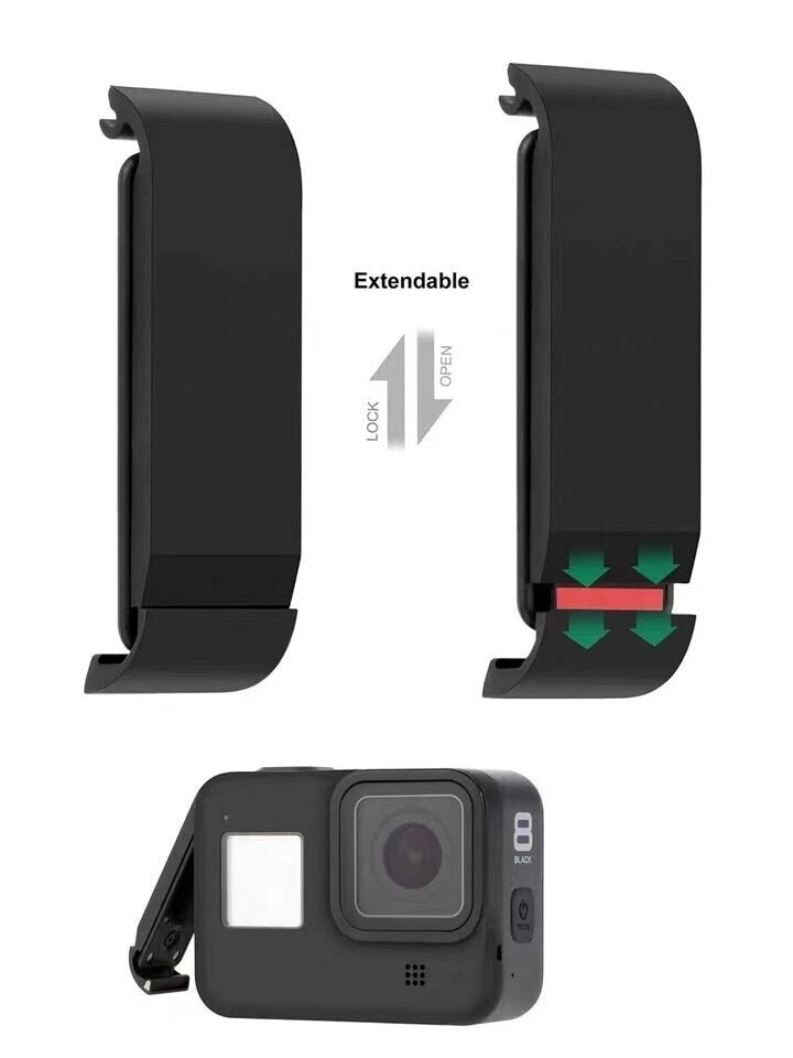 Black extendable battery side door for GoPro HERO 8, with lock and release tab.