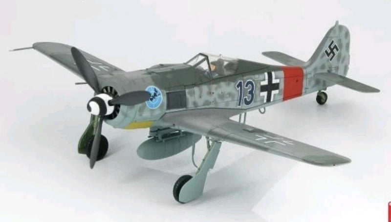 WWII German FW-190A-8 model airplane, gray with 13 markings and red stripe