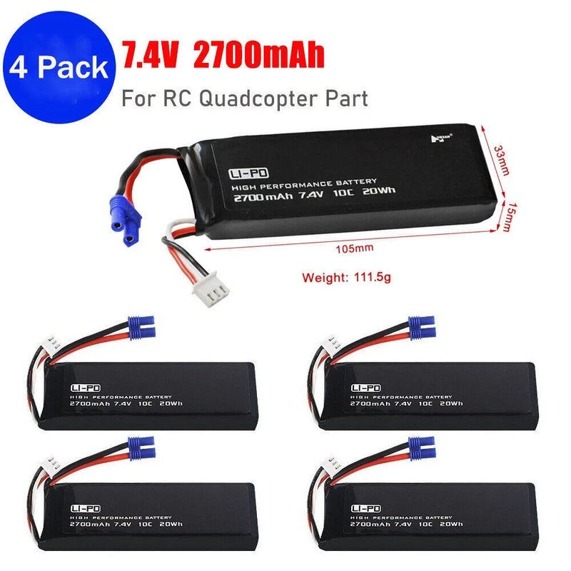 4Pcs RC Drone Lipo Battery 7.4V 2700mAh For Hubsan 10C H501S-14 H501C H501S Pro