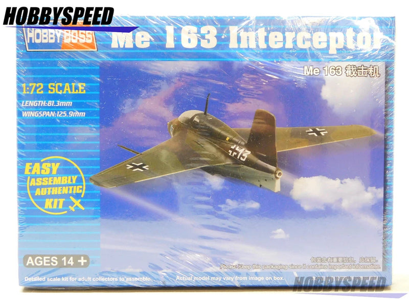 1:72 plastic model plane kit box with green Me 163 interceptor aircraft artwork