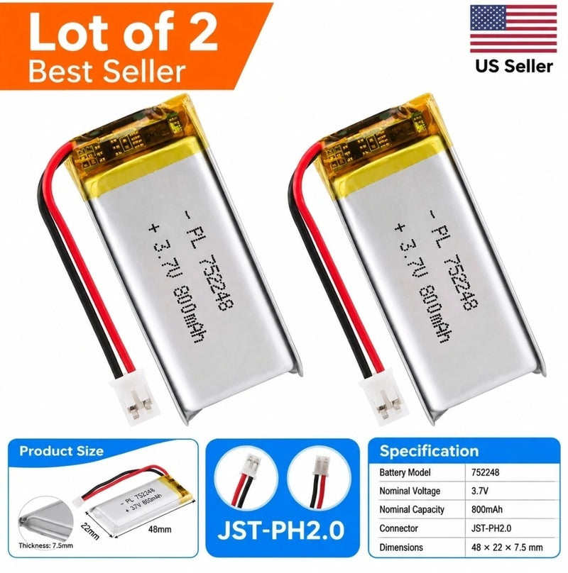 Lot Of 2 752248 3.7V Lipo Battery 800mAh 752248 Rechargeable Lithium Polymer Bat Battery