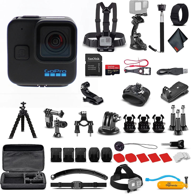 GoPro HERO11 Mini waterproof action camera with mounting accessories and straps, case, and cables