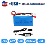 7.4V 1500mAh JST Li-ion RC battery pack with red/black leads