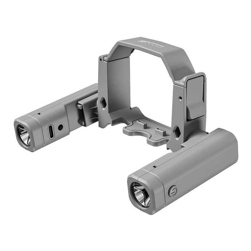 Rechargeable drone LED searchlight with dual beam lamps and adjustable mounting bracket