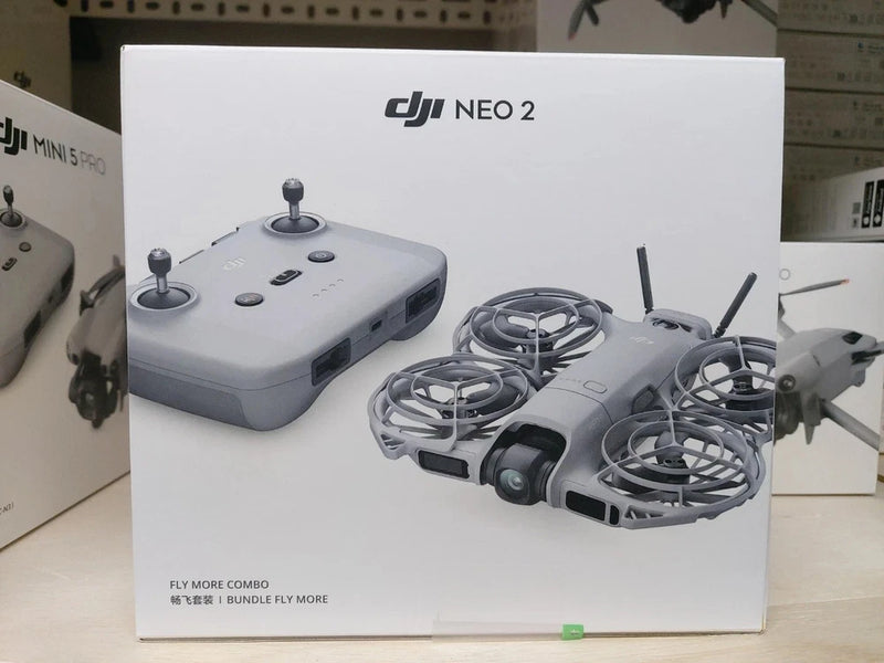 DJI Neo 2 grey drone with controller, shown on bundle box