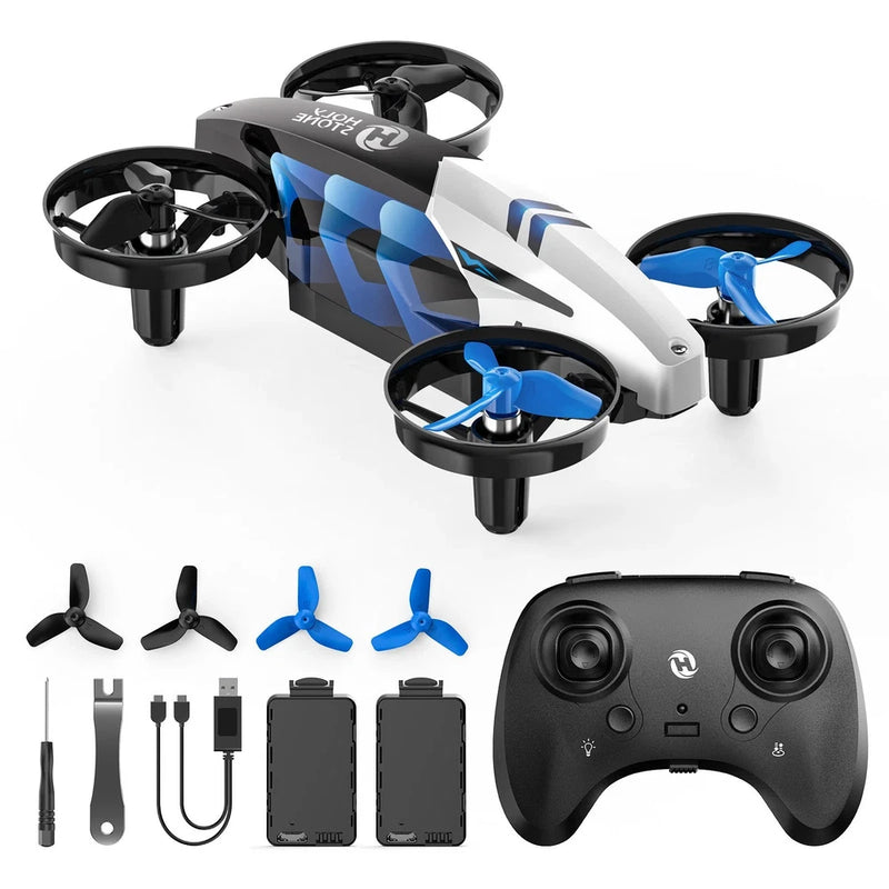 Blue mini RC drone with four propellers, accessories, and black game controller