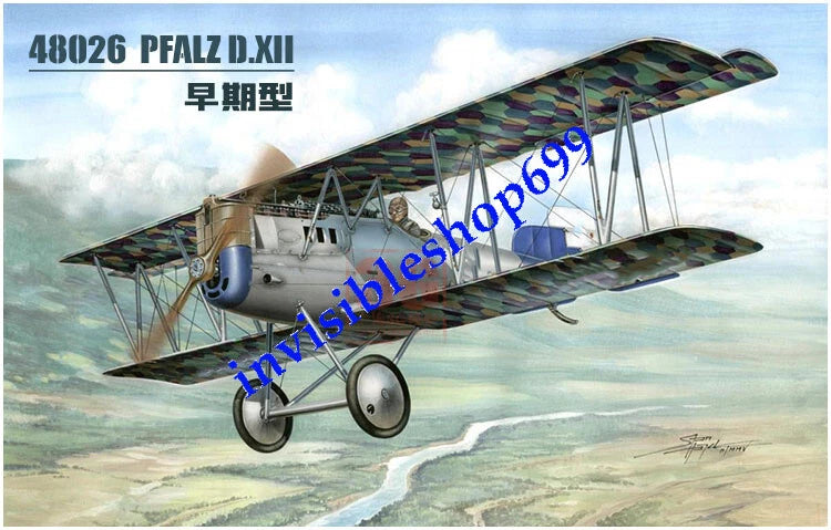 1/48 Pfalz D.XII biplane model kit, camo wings and silver-gray fuselage