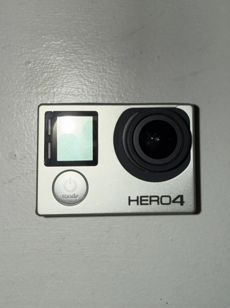 Silver GoPro HERO4 action camera with front LCD and wide-angle lens