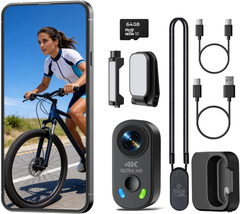 64GB FHD Mini Body Camera, 4K Wearable POV EIS Action Cam, Thumb-Size Hands-Free