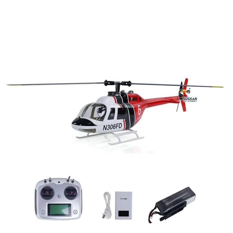 RC helicopter drone with red-and-black body, three-blade rotor, and gray remote controller