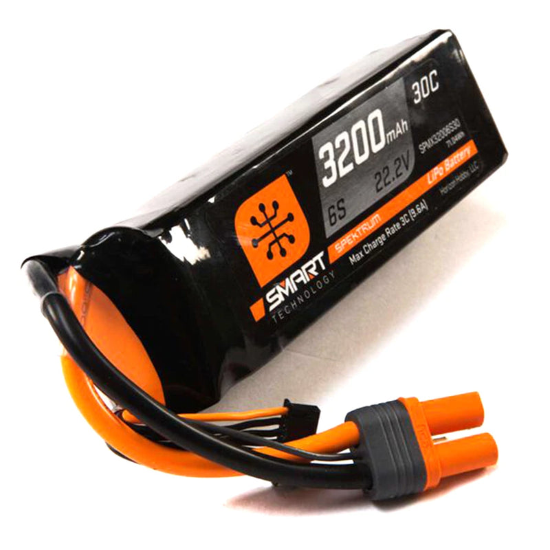 6-cell LiPo battery pack 3200mAh 22.2V 30C, black body with orange connectors and leads