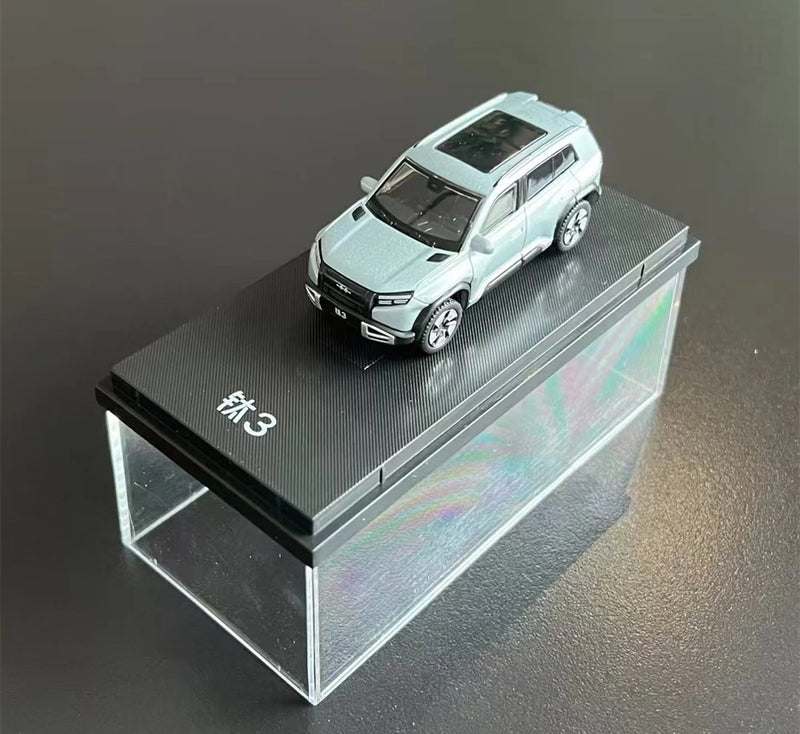 1/64 die-cast car model in light blue on a clear display stand