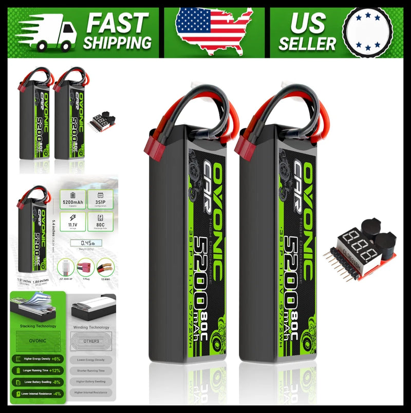OVONIC 11.1V 5200mAh 3S Lipo Battery 2 Pack with T Plug Hardcase