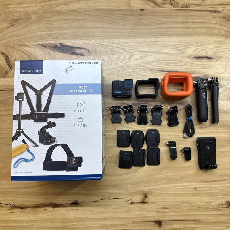 Action camera accessory kit with box, mounts, cases, and cables—assorted black parts.