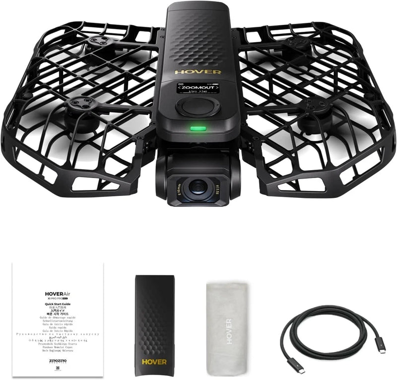 Foldable action drone with front camera and prop guards, black body