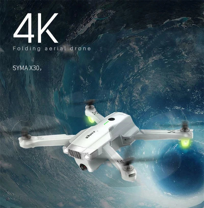 White foldable quadcopter drone with mounted camera and four propellers