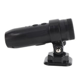 Black sport DV camera with wide-angle lens hood on a mount base
