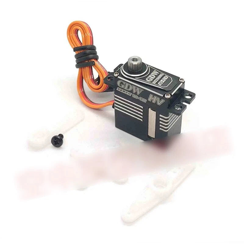 Black HV digital servo with orange signal wires and metal output shaft, mounting tabs