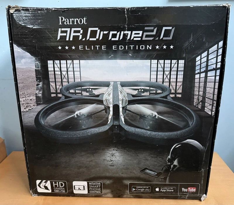 Parrot AR.Drone 2.0 Elite Edition black camo drone box with front window and labels