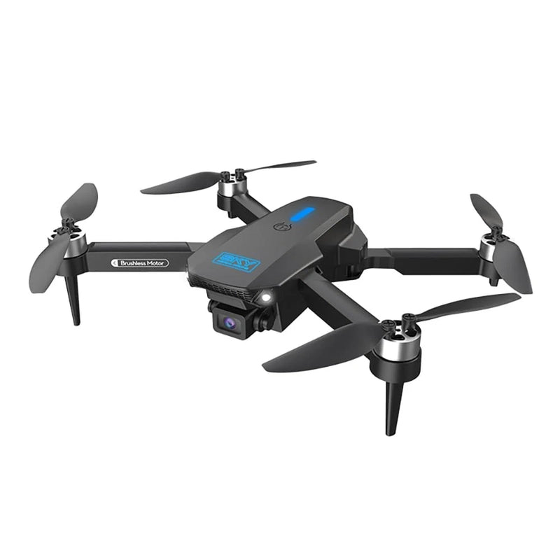 Black foldable dual-camera drone with four propellers and front camera