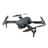 Black foldable dual-camera drone with four propellers and front camera