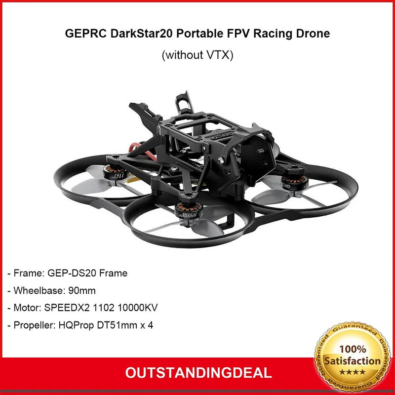 GEPRC DarkStar20 FPV drone with four propellers, black frame, portable quadcopter