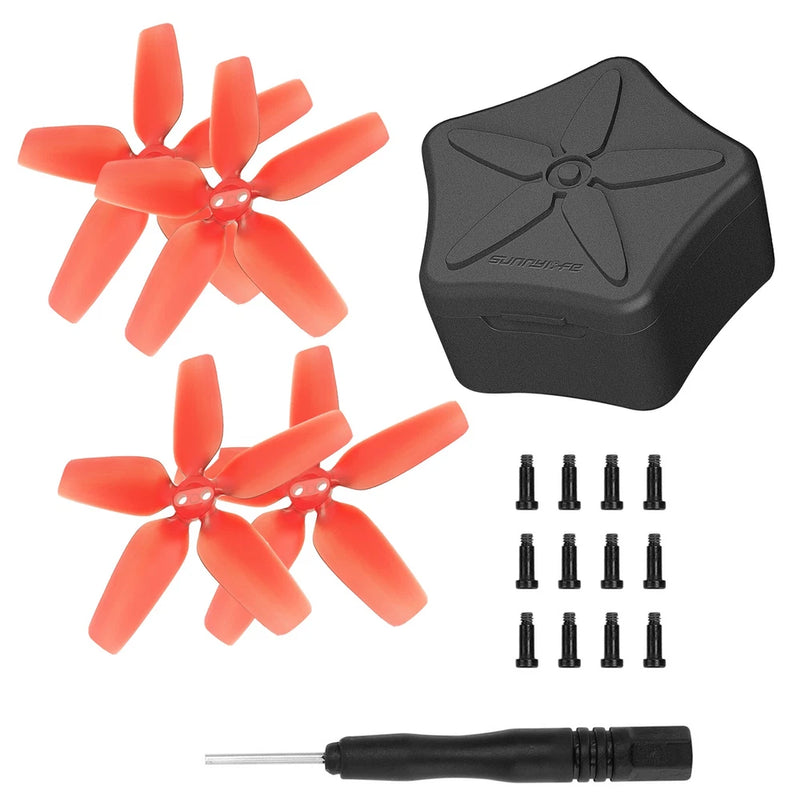 Drone propeller blade set: 4 orange blades, black mount, screws and tool.