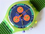 Green wristwatch with blue chronograph dial, orange subdials and three hands.
