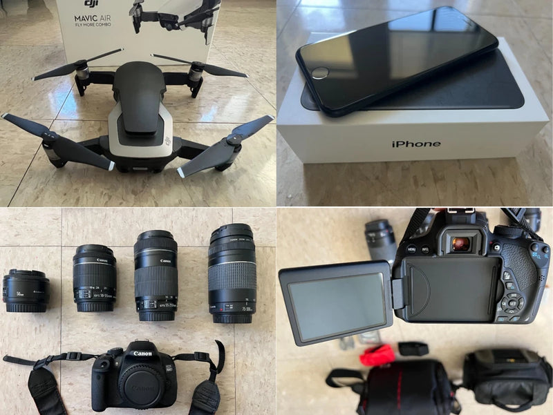 DJI Mavic Air drone with controller, iPhone box, and camera lenses