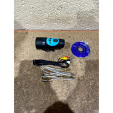 Blue and black action sports camera kit with mounts, cable, and accessories