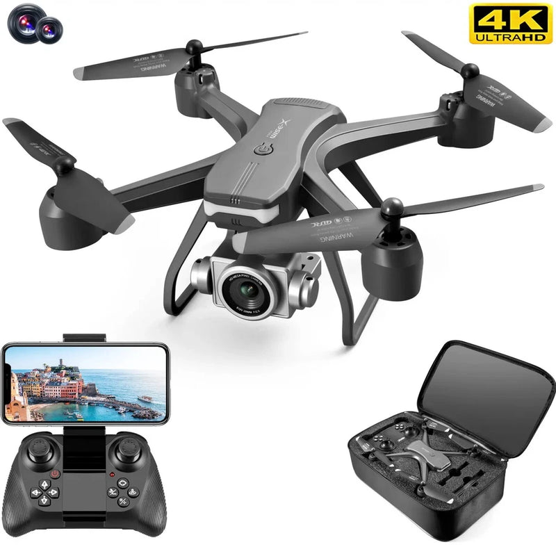 4K quadcopter drone with camera, remote controller, and open carrying case