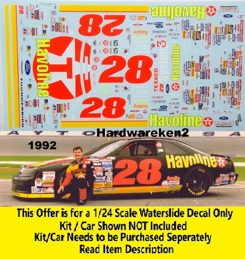 NASCAR DECAL #28 HAVOLINE 1992 FORD THUNDERBIRD DAVEY ALLISON 1/24 POWERSLIDE