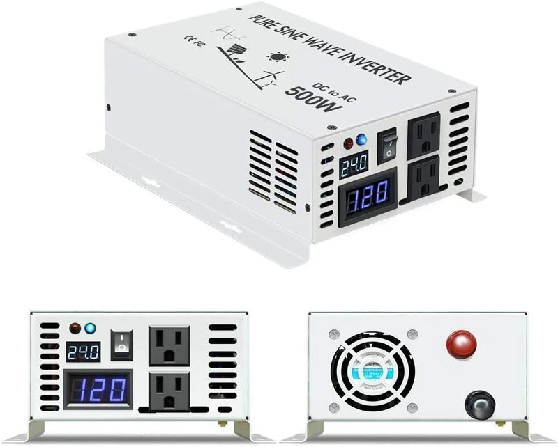 Pure Sine Wave Power Inverter 500W 24VDC to 120VAC RV/Car/Home Solar Off-Grid