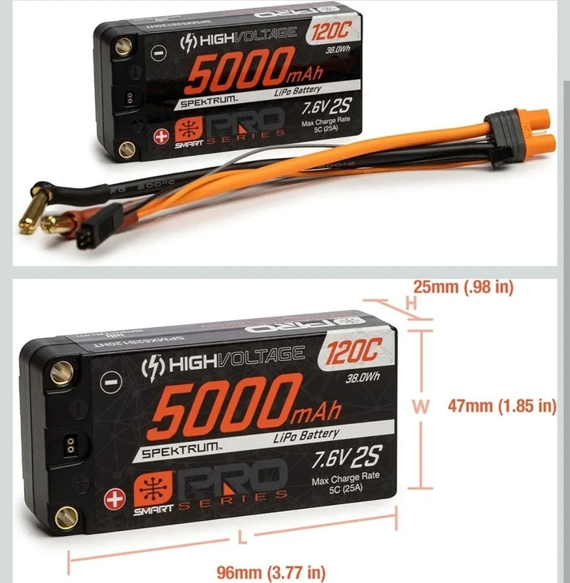Spektrum 7.6V 5000mAh 2S 120C Smart Pro Race Shorty LiHV Battery Tubes 5mm New!!