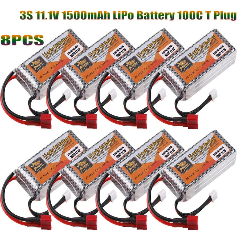 8X 11.1V 1500mAh 3S LiPo Battery 100C T Plug for RC Drone Car Boat Airplane Heli