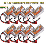 8X 11.1V 1500mAh 3S LiPo Battery 100C T Plug for RC Drone Car Boat Airplane Heli