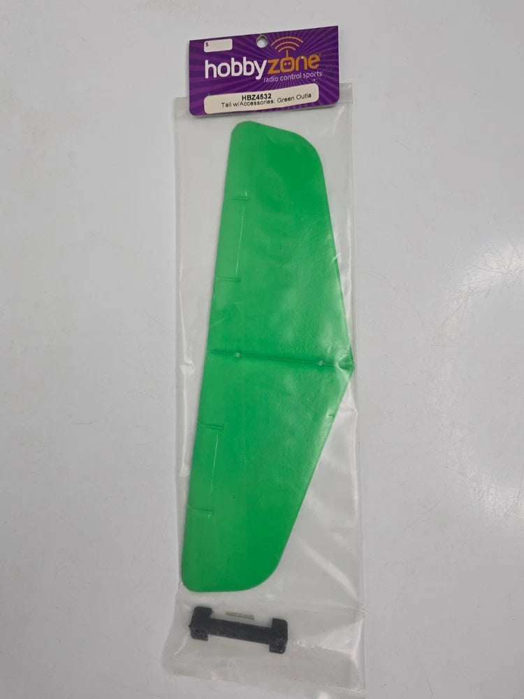 Green RC airplane tail with mounting bracket, Hobby Zone replacement part
