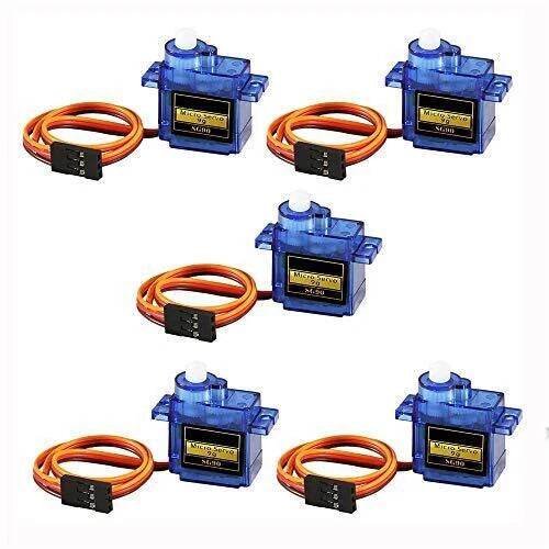Set of 5 blue micro servo motors with orange wiring and black 3-pin connectors