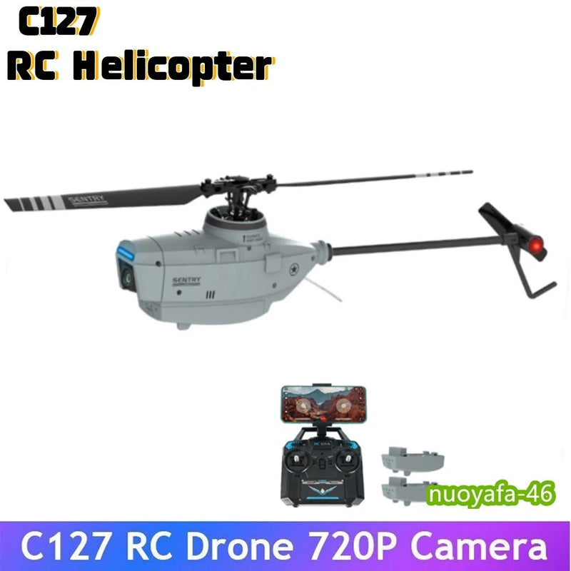 RC helicopter drone with built-in 720P camera, grey body and four rotors
