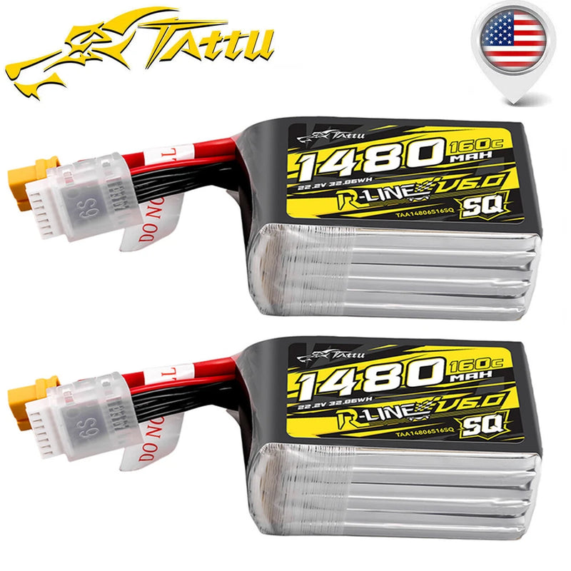2X Tattu R-Line Version 6.0 1480mAh 160C 6S 22.2V SQ Lipo Battery Pack with XT60
