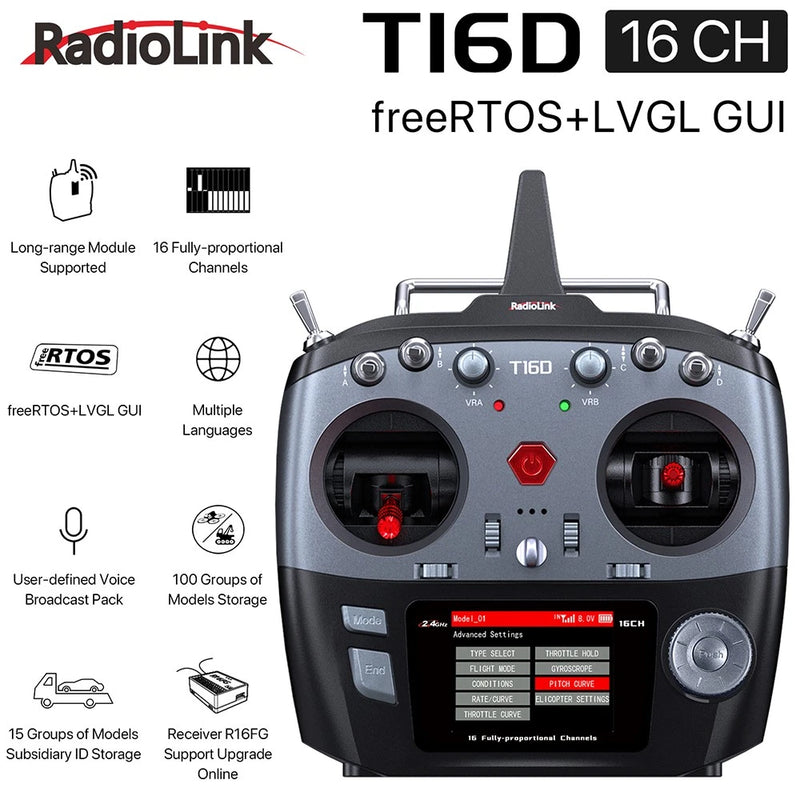 RadioLink T16D Transmitter 2.4G 16CH Remote Controller M2 for RC Car Boat Drone