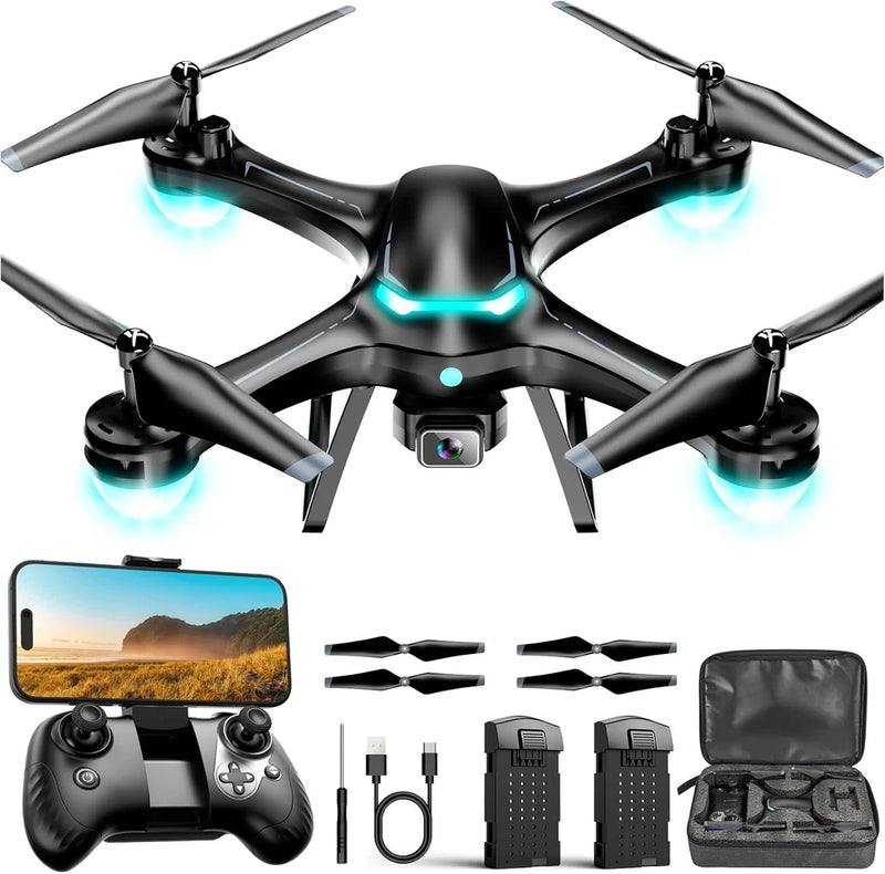 Black quadcopter drone with 1080p camera, four propellers and blue LED lights