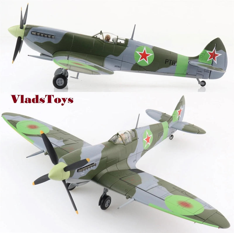 Green Spitfire Mk IX scale model aircraft with red star markings, propeller and landing gear